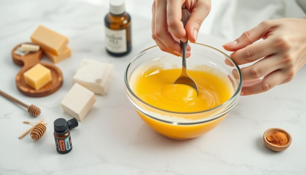 A well-lit, detailed close-up of a DIY cleansing balm making process. The foreground features clean, organized ingredients like beeswax, shea butter, and essential oils, arranged on a white marble surface. The middle ground shows skilled hands carefully blending and stirring the mixture in a glass bowl, creating a smooth, glossy texture. The background has a minimal, bright, and airy atmosphere, emphasizing the natural, homemade aspect of the process. The lighting is soft, diffused, and evenly illuminates the scene, bringing out the rich colors and textures of the materials. The overall mood is one of tranquility, focus, and a sense of accomplished self-care.