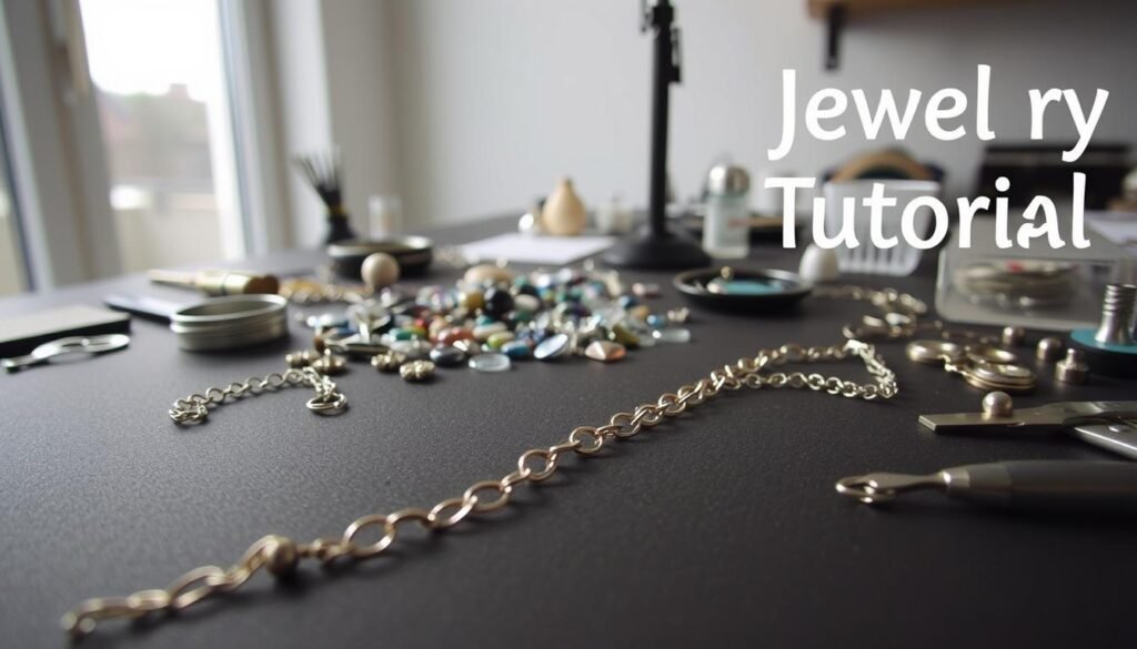 A well-lit, detailed jewelry workbench showcasing an array of jewelry-making tools and materials. In the foreground, an intricate necklace is being crafted, the delicate metal links and gemstones catching the soft, diffused light. In the middle ground, various components like beads, wire, and clasps are neatly organized, inviting the viewer to engage in the creative process. The background features a minimalist, calming environment, perhaps a large window letting in natural daylight, creating a serene and inspiring atmosphere for the jewelry tutorial.