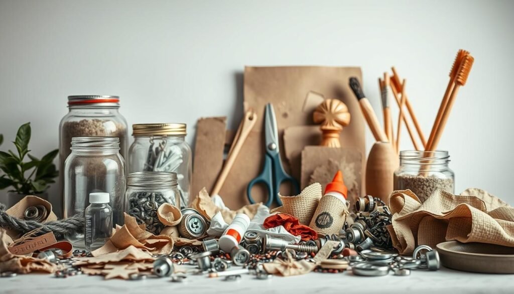 A well-lit, detailed still life composition showcasing an assortment of eco-friendly upcycling supplies and techniques. In the foreground, an array of repurposed materials such as glass jars, cardboard, fabric scraps, and metal hardware are artfully arranged. In the middle ground, crafting tools like scissors, glue, and paint brushes are visible, hinting at the creative potential of these sustainable items. The background features a neutral, minimalist backdrop, allowing the upcycled elements to take center stage. The overall mood is one of thoughtful, sustainable creativity, with a focus on the beauty and utility that can be found in everyday discarded objects.
