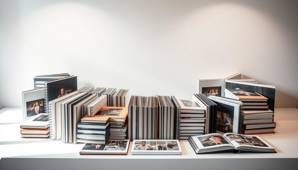 A well-lit display of modern photo books, showcasing their diverse designs and formats. In the foreground, a selection of hardcover, softcover, and spiral-bound books are arranged in an aesthetically pleasing manner, highlighting their unique textures, colors, and page layouts. The middle ground features a clean, minimalist background, allowing the photo books to take center stage. Soft, directional lighting casts subtle shadows, accentuating the depth and dimensionality of the books. The overall scene conveys a sense of artistry, creativity, and the evolution of the photo book medium, inviting the viewer to explore the advantages and drawbacks of these modern formats.