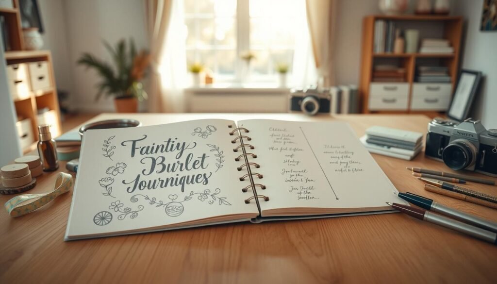 A well-lit, elegant scrapbooking scene showcasing various bullet journal techniques. In the foreground, an open sketchbook displays delicate hand-lettered titles, colorful washi tape, and intricate doodles. Alongside, an array of artisanal scrapbooking supplies, including vintage-inspired stamps, metallic pens, and an antique camera. In the middle ground, a minimalist wooden table frames the scene, its natural grain contrasting with the tactile, handmade elements. The background features a soft, airy studio setting, with warm natural lighting filtering through large windows, casting a gentle glow over the whole composition. The overall mood is one of creativity, nostalgia, and thoughtful self-expression.