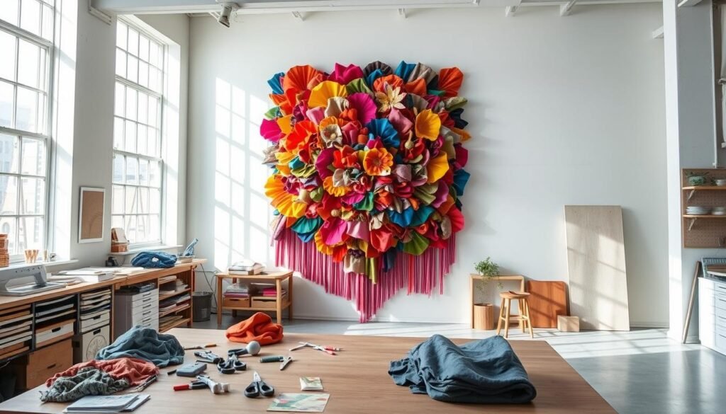 A well-lit, expansive studio with natural light streaming through large windows, showcasing a vibrant, three-dimensional wall art tutorial. In the foreground, a detailed step-by-step demonstration of layering colorful fabrics, textures, and materials to create a visually striking, sculptural wall hanging. The middle ground features tools and materials such as scissors, fabrics, and adhesives, neatly arranged on a wooden workbench. In the background, a calming, neutral-toned wall provides the perfect backdrop to highlight the intricate, textured art piece. The overall mood is one of creativity, inspiration, and a sense of tranquility, inviting the viewer to imagine transforming their own sewing room with this captivating DIY wall art.
