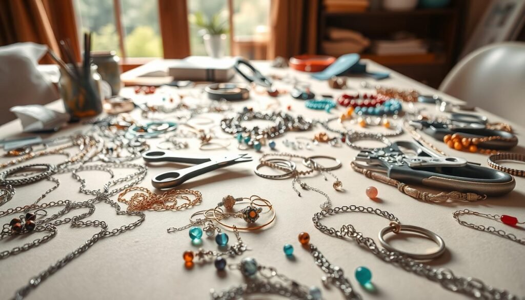 A well-lit, expansive table showcasing an array of handcrafted jewelry pieces. In the foreground, delicate metal chains, sparkling gemstones, and intricate beadwork lay artfully arranged, inviting the viewer to explore the creative process. The middle ground features various tools and materials, including pliers, wire cutters, and an assortment of colorful beads, hinting at the skill and attention to detail required. The background depicts a warm, natural setting, perhaps a cozy studio or a sun-drenched corner, providing a serene and inspirational backdrop for these unique DIY craft projects.