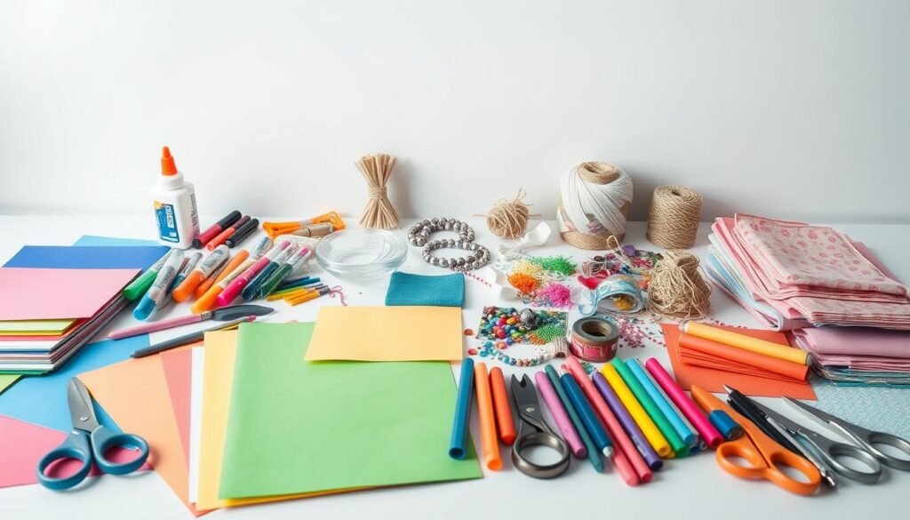 A well-lit, expansive tabletop scene showcasing an assortment of budget-friendly crafting supplies. In the foreground, an array of colorful paper, scissors, glue sticks, markers, and other basic tools arranged neatly. In the middle ground, a collection of inexpensive fabrics, twine, beads, and decorative embellishments. The background features a simple, clean backdrop, allowing the supplies to take center stage. The lighting is soft and natural, accentuating the textures and hues of the materials. The overall composition conveys a sense of creativity, accessibility, and the versatility of budget-friendly crafting.