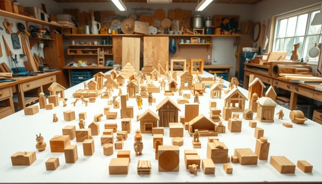 A well-lit, expansive woodshop table showcases an array of whimsical, handcrafted wood and foam projects. In the foreground, a collection of miniature wooden blocks, shapes, and figures stand out against the smooth, white foam backdrops. In the middle ground, larger wooden pieces - birdhouses, picture frames, and geometric sculptures - demonstrate the diverse possibilities of the materials. The background features an assortment of tools, paints, and other craft supplies, hinting at the creative process behind these playful, adult-oriented DIY creations. The scene exudes a sense of childlike wonder and imagination, captured through a crisp, high-resolution lens.