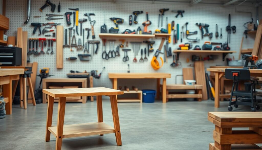 A well-lit, expansive woodworking workshop with an assortment of DIY projects in various stages of completion. In the foreground, a stylish mid-century modern end table with clean lines and a warm, natural wood finish. In the middle ground, a set of custom floating shelves and a rustic wooden bench awaiting their final touches. The background features a pegboard wall displaying an array of handy tools and power equipment, casting a soft, ambient glow across the scene. The overall atmosphere exudes a sense of creativity, productivity, and the rewarding process of crafting unique, personalized pieces for the home.