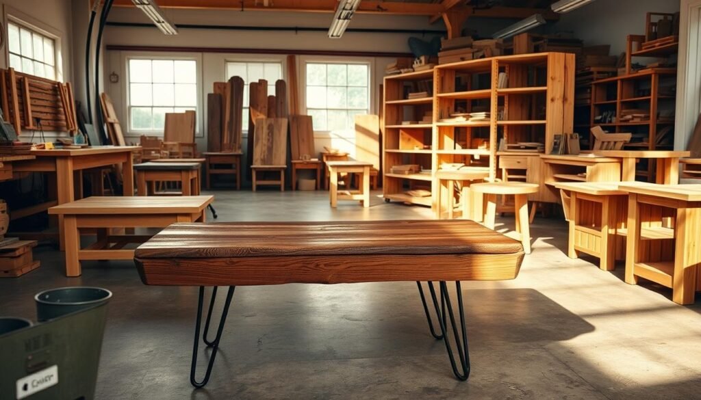 A well-lit, expansive workshop filled with various DIY wood furniture projects. In the foreground, a rustic farmhouse-style coffee table with a distressed wood top and metal hairpin legs. In the middle ground, a sleek mid-century modern bookshelf crafted from reclaimed wood planks and minimalist metal supports. In the background, a collection of handmade wooden side tables, end tables, and storage units with unique designs and textures. The overall scene conveys a sense of creativity, craftsmanship, and the versatility of repurposing scrap wood. Warm, natural lighting casts soft shadows, highlighting the beautiful grain and imperfections of the wood. The composition emphasizes the beauty and practicality of DIY wood furniture.