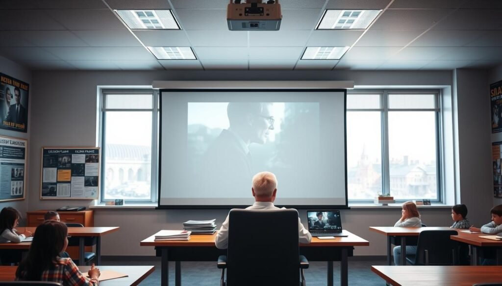 A well-lit, high-quality classroom setting with a large projection screen displaying movie scenes. On the teacher's desk, there are neatly organized lesson plan documents, a laptop, and teaching materials. The classroom has large windows allowing natural light to stream in, creating a warm and inviting atmosphere. The walls are adorned with movie posters and educational charts, suggesting a dynamic and engaging learning environment. The teacher's chair is positioned facing the students, ready to guide them through the innovative movie-based teaching techniques. The overall scene conveys a sense of a professional, cutting-edge approach to using film as an educational tool. A well-lit, high-quality classroom setting with a large projection screen displaying movie scenes. On the teacher's desk, there are neatly organized lesson plan documents, a laptop, and teaching materials. The classroom has large windows allowing natural light to stream in, creating a warm and inviting atmosphere. The walls are adorned with movie posters and educational charts, suggesting a dynamic and engaging learning environment. The teacher's chair is positioned facing the students, ready to guide them through the innovative movie-based teaching techniques. The overall scene conveys a sense of a professional, cutting-edge approach to using film as an educational tool.