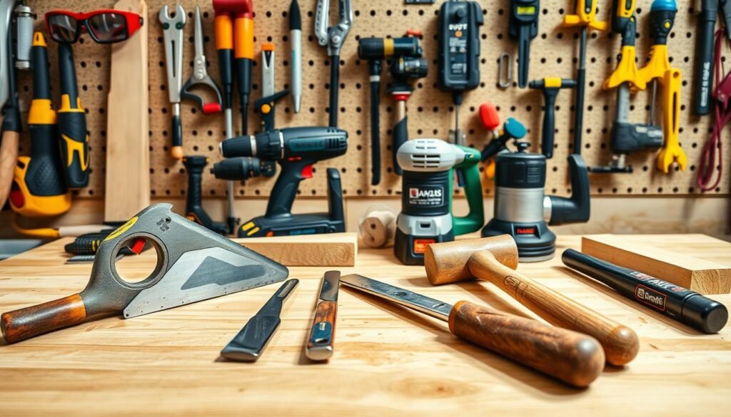 A well-lit, high-resolution photograph of a neatly arranged set of woodworking tools on a wooden workbench. In the foreground, a hand-saw, chisel, and hammer are positioned with care. In the middle ground, a power drill, orbital sander, and wood clamps are displayed. The background features a pegboard with various other tools like a jigsaw, router, and safety gear such as goggles and gloves. The scene conveys a sense of order, functionality, and a commitment to workshop safety and efficiency, perfectly suited for a DIY project using scrap wood.
