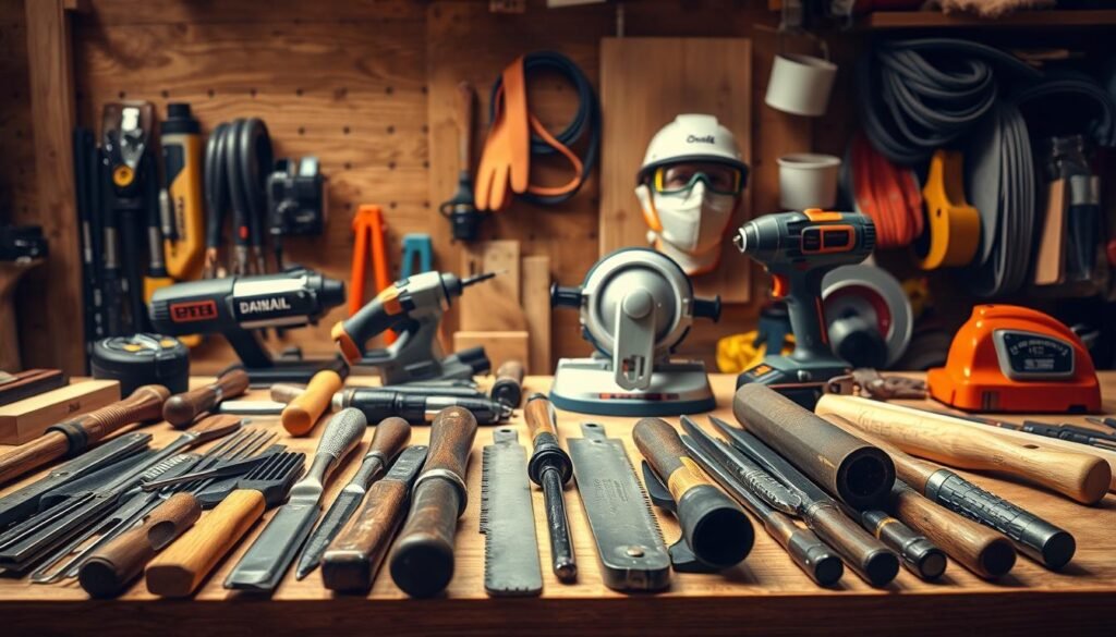 A well-lit, high-resolution photograph of a workbench displaying a variety of woodworking tools and safety gear. In the foreground, a selection of hand tools like chisels, saws, and hammers are neatly arranged. In the middle ground, power tools such as a jigsaw, a cordless drill, and a belt sander are showcased. In the background, a set of safety equipment including goggles, gloves, and a dust mask are visible. The scene is bathed in warm, natural lighting, creating a sense of depth and highlighting the textures and materials of the tools. The overall composition conveys a sense of organization, professionalism, and a commitment to safety in the world of DIY woodworking.