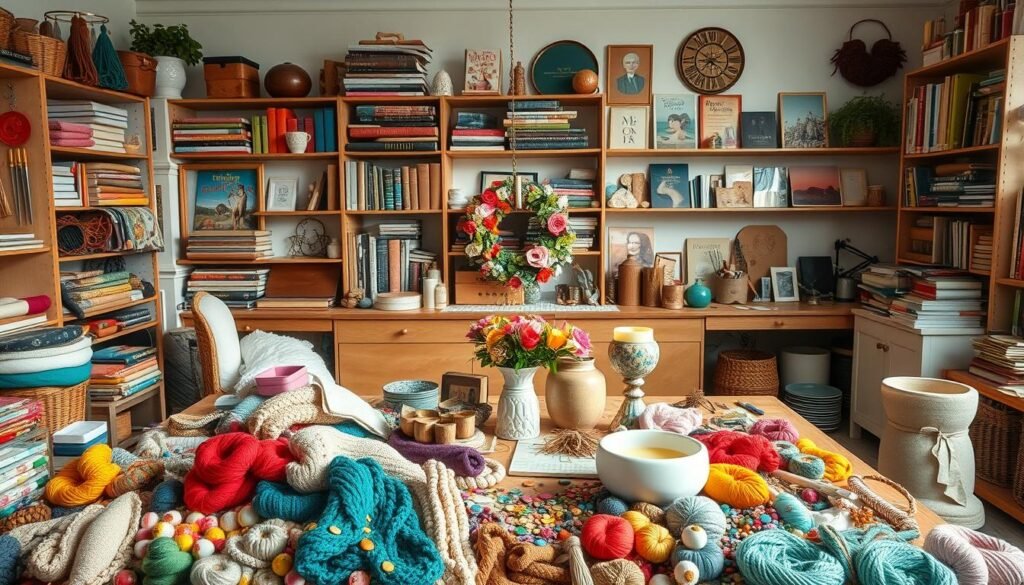 A well-lit, inspirational workspace filled with an assortment of DIY crafting supplies. In the foreground, an array of colorful, artisanal materials such as yarn, fabric scraps, and embellishments are arranged neatly. In the middle ground, a large wooden table showcases various completed DIY projects, including a handmade candle, a floral wreath, and a painted vase. The background features a wall of shelves displaying an eclectic collection of crafting books, tutorials, and unique vintage finds. The overall scene conveys a sense of creativity, possibility, and a stylish, high-end aesthetic.