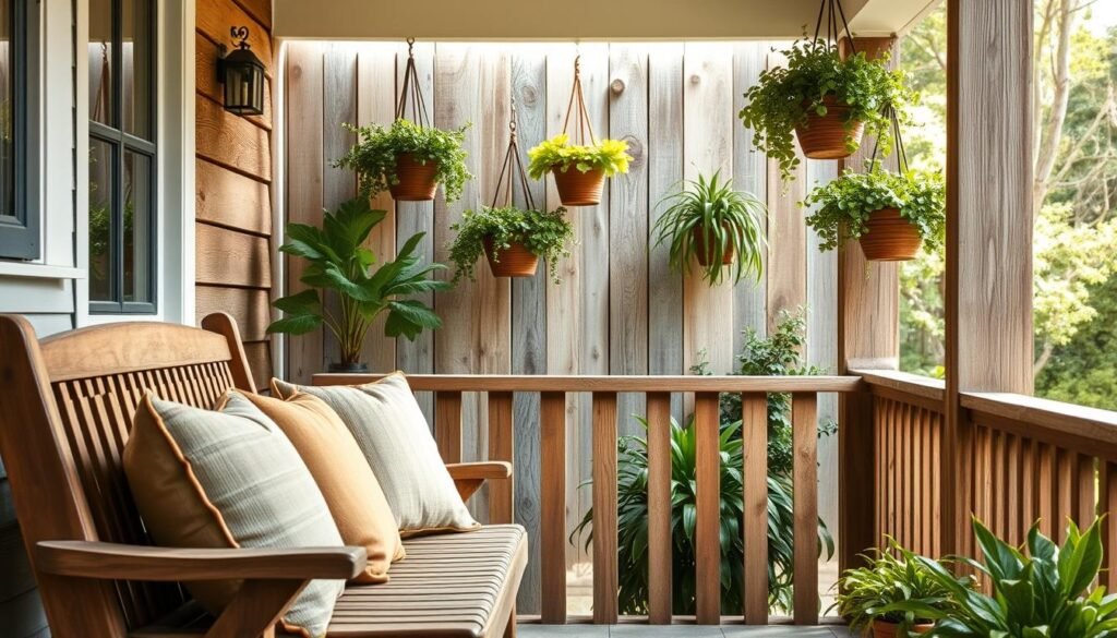A well-lit, inviting porch with a mix of sustainable materials. In the foreground, a sturdy wooden bench adorned with plush, earth-toned cushions. Behind it, a slatted wooden railing leads the eye to a mid-ground featuring potted plants and hanging baskets overflowing with lush greenery. The background showcases a backdrop of weathered, reclaimed wood panels, creating a rustic, eco-friendly ambiance. Soft, natural light filters through, casting a warm glow and highlighting the tactile textures of the materials. The overall scene conveys a sense of relaxation and environmental consciousness, perfectly suited for a cozy cottage porch retreat.