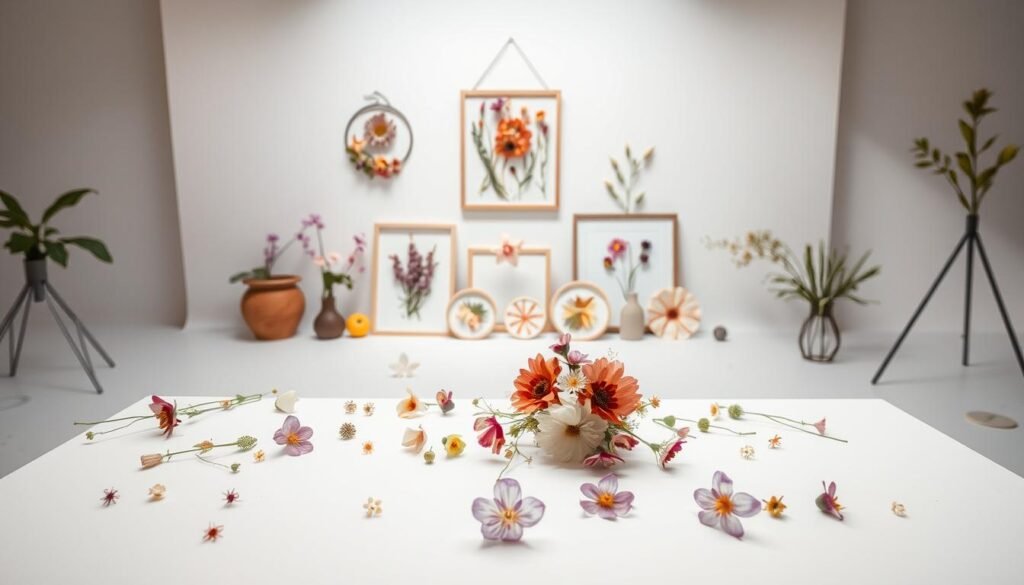 A well-lit, minimalist studio setting showcasing a variety of pressed flower crafts. In the foreground, delicate flower arrangements are carefully displayed on a clean white tabletop, their vibrant colors and intricate patterns creating a serene and elegant composition. In the middle ground, handcrafted pressed flower art pieces, such as framed wall hangings and decorative coasters, are arranged with a keen eye for design. The background features a simple, light-colored backdrop, allowing the pressed flower creations to take center stage. Soft, natural lighting gently illuminates the scene, highlighting the textures and details of the botanical elements. An atmosphere of refined craftsmanship and thoughtful presentation pervades the image, capturing the essence of innovative pressed flower ideas for home decor and unique gifts.