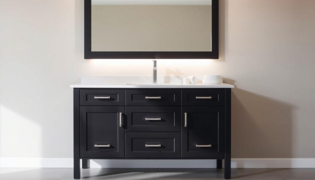 A well-lit, modern bathroom vanity with a painted cabinet in a rich, dark hue. The vanity features clean lines, sleek hardware, and a spacious countertop. Soft, diffused lighting from above casts a warm, inviting glow, accentuating the depth and texture of the painted finish. The vanity is positioned against a minimalist, neutral-toned wall, allowing the bold color to take center stage. The overall scene exudes a sense of sophistication and tranquility, perfectly complementing the "Dark Bathroom: Fresh Paint and Finishing Touches" theme.