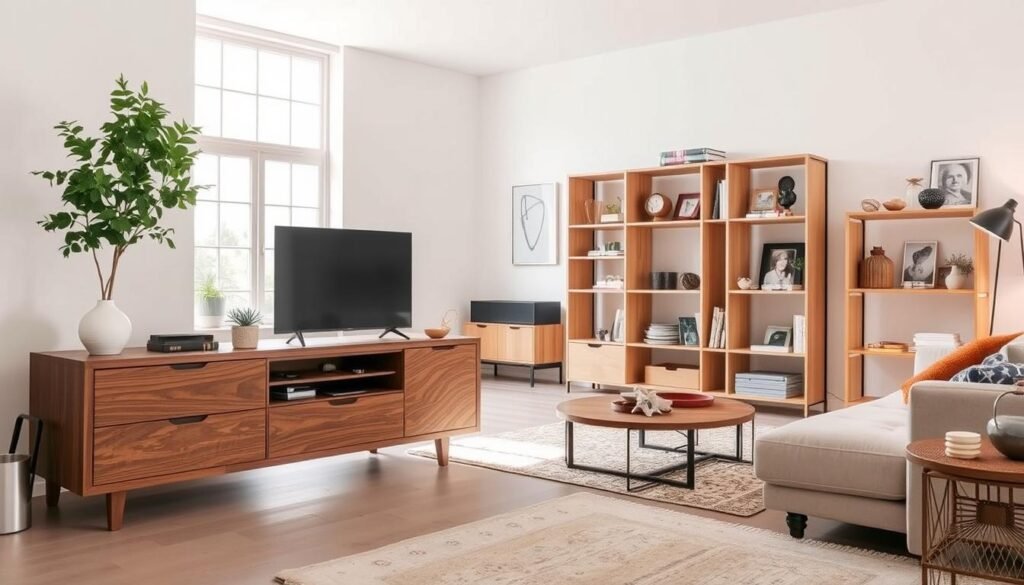 A well-lit, modern interior showcasing an array of IKEA furniture hacks. In the foreground, a sleek, customized media console crafted from IKEA components, featuring intricate woodwork and a minimalist design. In the middle ground, a repurposed IKEA bookshelf transformed into a statement display unit, adorned with eclectic decor and personal mementos. The background depicts a minimalist living room, with natural light streaming through large windows, highlighting the creative potential of IKEA's flat-pack furniture. The overall atmosphere conveys a sense of stylish, personalized home decor achieved through ingenious IKEA hacks.