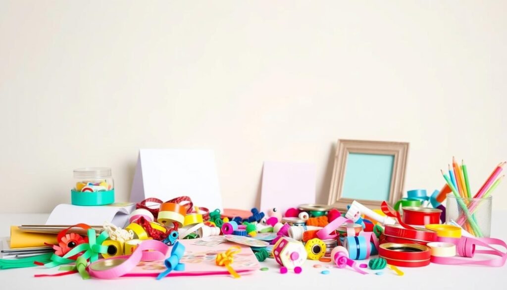 A well-lit, neatly arranged tabletop scene showcasing an assortment of budget-friendly dollar store craft supplies. In the foreground, an eclectic mix of colorful papers, ribbons, stickers, and small decorative objects like pom-poms and googly eyes. In the middle ground, a few simple DIY projects in progress, like a handmade greeting card and a decorated photo frame. The background features a plain, light-colored backdrop that allows the craft materials to take center stage. The overall mood is one of creativity, ingenuity, and the endless possibilities of transforming inexpensive found objects into unique and personalized craft creations.