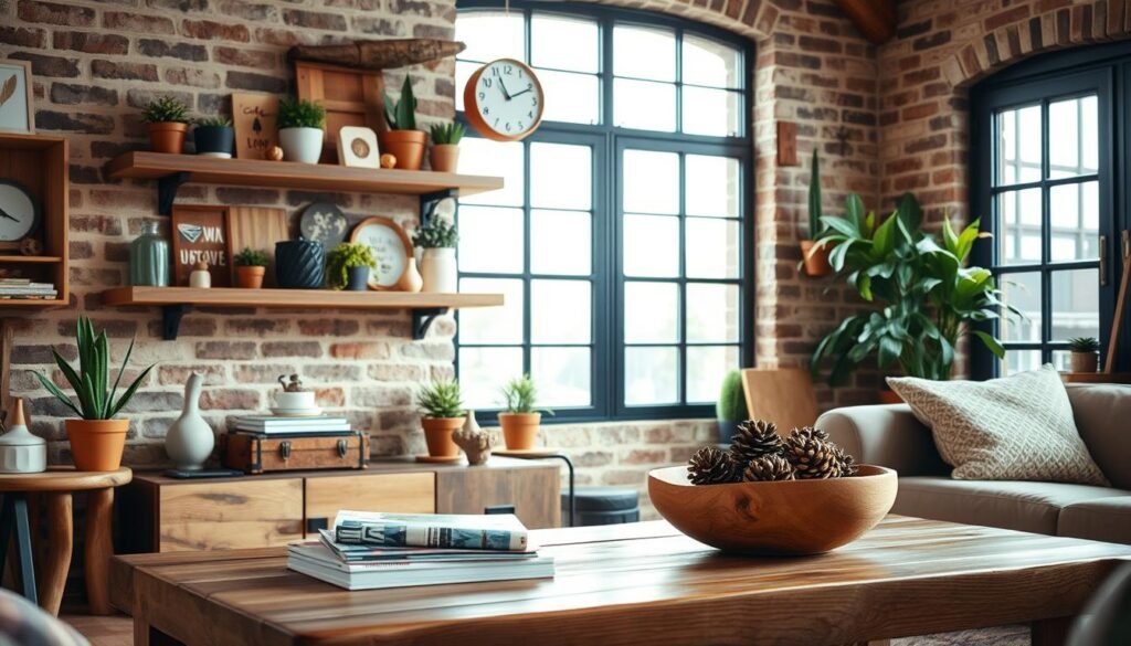 A well-lit, rustic interior with an assortment of handcrafted DIY decor items made from repurposed scrap wood. In the foreground, a stylish floating wooden shelf displays an eclectic mix of small decorative objects, potted plants, and a minimalist wooden clock. In the middle ground, a wooden coffee table showcases a stack of magazines and a wooden bowl filled with decorative pine cones. The background features a brick or stone wall, with a large window letting in natural light and creating a warm, cozy ambiance. The overall scene conveys a sense of creativity, sustainability, and a homemade, artisanal aesthetic.