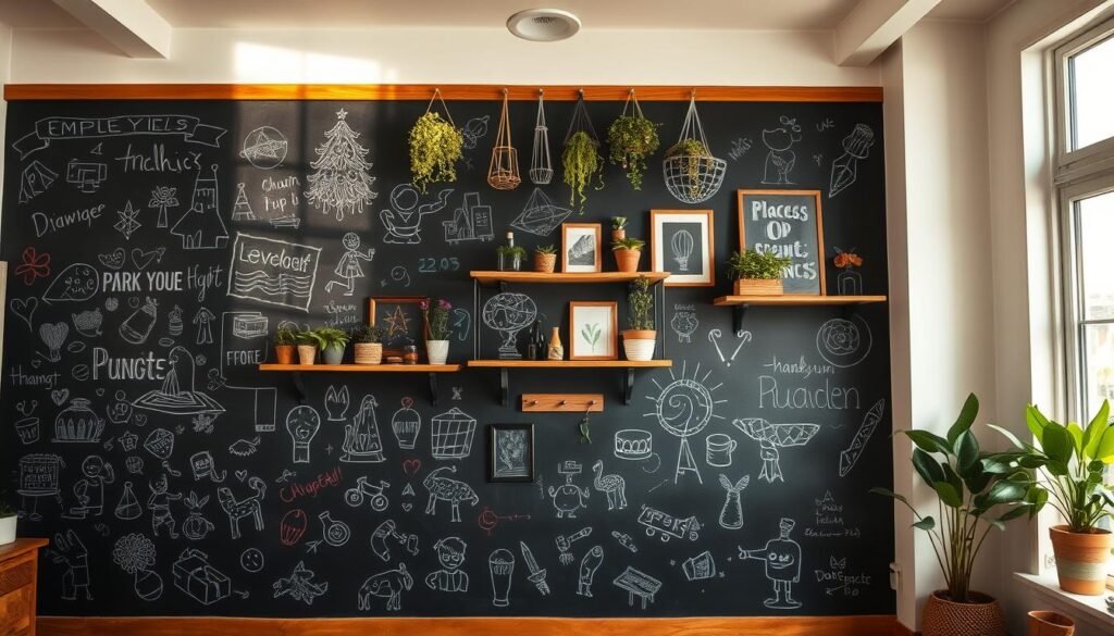 A well-lit, spacious chalkboard wall adorned with various creative decor elements. In the foreground, a collection of colorful chalk drawings, sketches, and doodles cover the blackboard surface, creating a lively and expressive display. In the middle ground, a mix of wooden shelves, hanging plants, and framed artwork add depth and visual interest to the scene. The background features a bright, airy room with large windows, letting in natural light that casts a warm, inviting glow over the entire space. The overall mood is one of creativity, inspiration, and a touch of whimsy, perfectly suited for a craft room or creative workspace.