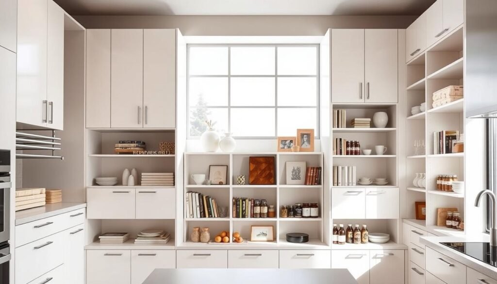 A well-lit, spacious kitchen interior with an assortment of creative cabinet storage solutions. In the foreground, sleek, minimalist cabinets with integrated shelving, drawers, and clever organizational accessories like hanging rods and tiered baskets. The middle ground features a mix of open shelving and closed cabinets, showcasing decorative items, cookbooks, and neatly arranged spices and dry goods. The background shows a large window providing ample natural light, illuminating the clean, modern aesthetic. The overall mood is one of organization, efficiency, and sophisticated style.