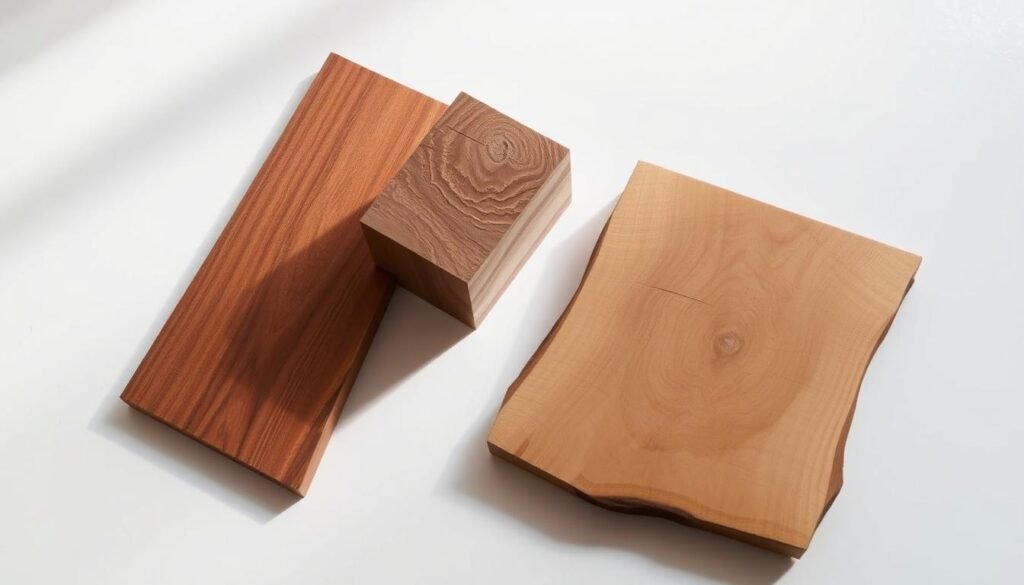 A well-lit still life showcasing a selection of sustainable hardwood materials - including a smooth, grain-rich walnut plank, a sturdy oak block, and a beautifully figured maple slab. The pieces are arranged on a clean, minimalist white surface, with soft, diffused lighting casting gentle shadows and highlighting the natural textures and tones of the wood. The overall composition exudes a sense of quality, craftsmanship, and timeless design, perfectly suited to illustrate a section on choosing premium hardwood materials for a mid-century modern office.