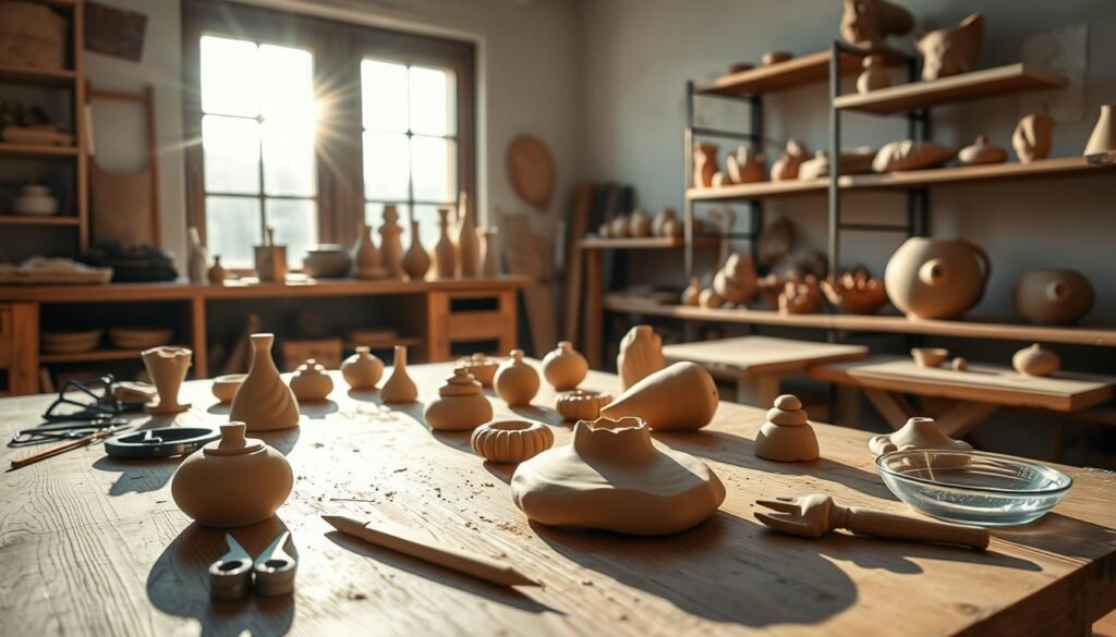 A well-lit studio, clay pieces arranged on a wooden table. In the foreground, hands gently caress the clay, smoothing and shaping the surface. Sunlight streams in from a large window, casting a warm glow and creating defined shadows. The middle ground showcases various tools - wire cutters, sculpting tools, and a small water bowl. In the background, shelves display partially dried clay forms, their textures and cracks revealed. The atmosphere is one of focused, tactile creativity, the air filled with the earthy scent of drying clay.