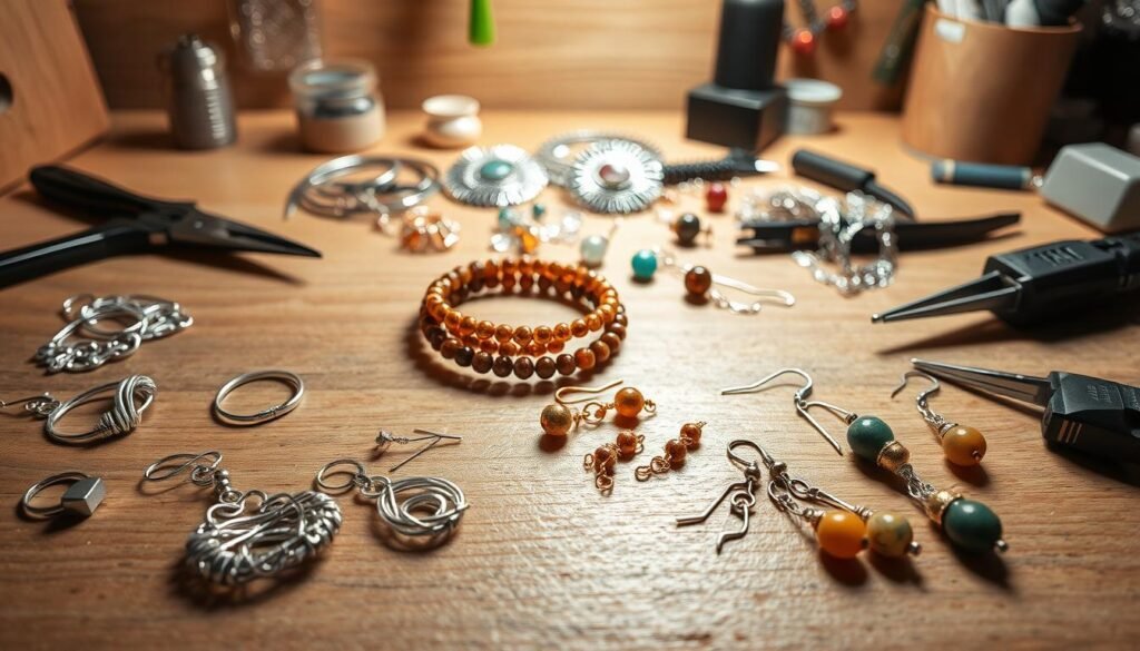 A well-lit studio scene showcasing a variety of handmade jewelry-making techniques. In the foreground, there are delicate silver and gold-toned jewelry pieces, such as intricate wire-wrapped pendants, beaded bracelets, and earrings featuring semi-precious stones. The middle ground displays the tools and materials used in the process, including pliers, beads, findings, and a soldering iron. In the background, a tactile wooden surface provides a natural backdrop, with soft, diffused lighting illuminating the scene. The overall atmosphere conveys a sense of artisanal craftsmanship and the joy of creating unique, handmade accessories.