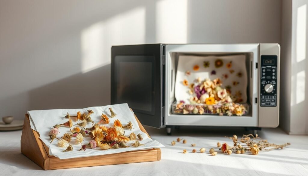 A well-lit studio scene showcasing the process of drying flowers using traditional pressing and microwave techniques. In the foreground, an assortment of delicate blooms in various stages of desiccation are carefully arranged on clean white blotting paper within a wooden flower press. In the middle ground, a vintage microwave oven stands ready, its interior filled with fragrant flower petals arranged in a decorative pattern. The background depicts a tranquil, minimalist setting with soft shadows and muted tones, emphasizing the serene, contemplative nature of the flower preservation methods. Diffused, natural-looking lighting illuminates the scene, highlighting the intricate textures and colors of the dried flora. The overall mood is one of rustic elegance and reverence for the beauty of nature's ephemeral creations.