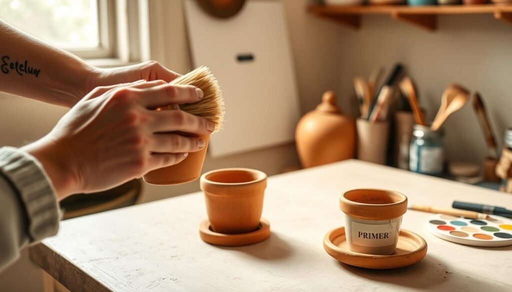 A well-lit studio scene showing the step-by-step process of preparing a terracotta pot for painting. In the foreground, a potter's hand gently scrubs the pot's surface with a natural fiber brush, removing any dirt or imperfections. In the middle ground, the pot is placed on a clean workbench, and a small container of primer paint stands ready. In the background, various painting tools, such as brushes and a color palette, are neatly arranged, hinting at the creative process to come. The lighting is soft and diffused, casting warm shadows that emphasize the earthy tones of the terracotta. The overall atmosphere conveys a sense of focus, care, and anticipation for the artistic transformation of the humble pot.