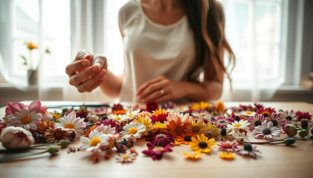 A well-lit studio scene with a wooden table showcasing an array of delicate flowers in various stages of selection for pressing. In the foreground, a woman's hands gently caress the petals, carefully examining each bloom. The middle ground features an assortment of pressed flowers, their vibrant hues and intricate patterns displayed. In the background, soft, natural light filters through a large window, creating a serene and tranquil atmosphere. The overall mood is one of contemplation and appreciation for the beauty of nature's creations.