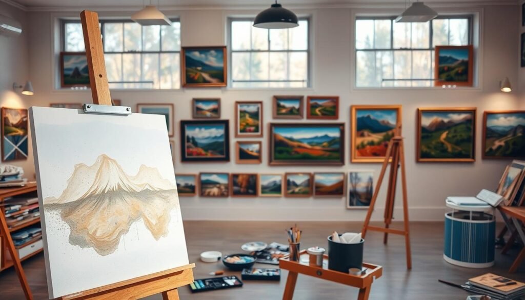 A well-lit studio setting with an artist's easel in the foreground, displaying a canvas in the midst of an acrylic painting session. Brushes, palettes, and various painting tools are arranged neatly around the easel, hinting at the step-by-step process. In the middle ground, a series of framed paintings hang on the walls, showcasing a range of vibrant, realistic landscapes and still lifes. The background features large windows, allowing natural light to flood the space and create a warm, inviting atmosphere. The overall composition suggests a dedicated, educational environment where the art of acrylic painting is being explored and shared.