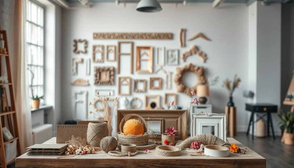 A well-lit studio showcasing an assortment of DIY molding techniques. In the foreground, a table displays a variety of unconventional materials - cardboard, twine, washi tape, and even dried flowers. Artful arrangements demonstrate how these unexpected supplies can be creatively molded and shaped into decorative trims, frames, and architectural details. The middle ground features a sample wall showcasing the molded creations in various stages of completion, hinting at the versatility of the techniques. The background is softly blurred, allowing the focus to remain on the DIY process and the innovative use of common household items.