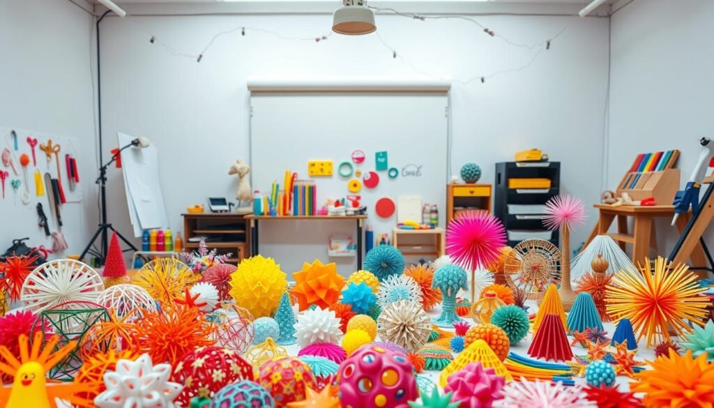 A well-lit studio space filled with an array of vibrant hot glue projects. In the foreground, an assortment of intricate shapes, textures, and designs created with hot glue, showcasing the versatility of this medium. In the middle ground, a selection of tools and materials, including glue guns, colorful glue sticks, and various craft supplies. The background features a clean, minimalist backdrop, allowing the hot glue creations to take center stage. The overall atmosphere is one of creativity, experimentation, and the joy of DIY crafting. Soft, diffused lighting casts a warm glow, highlighting the unique textures and forms of the hot glue projects.