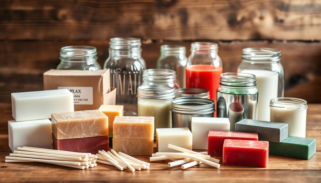 A well-lit table displaying an assortment of budget-friendly candle making supplies. In the foreground, a variety of wax blocks, wicks, and wax dye blocks in muted holiday colors. In the middle ground, several glass jars and tin containers of various sizes, ready to be transformed into unique candle holders. The background features a cozy, rustic wooden surface, with subtle shadows and highlights that create a warm, inviting atmosphere, perfect for a festive DIY candle project. The lighting is soft and natural, accentuating the textures and colors of the materials, conveying a sense of simplicity and accessibility for the at-home crafter.