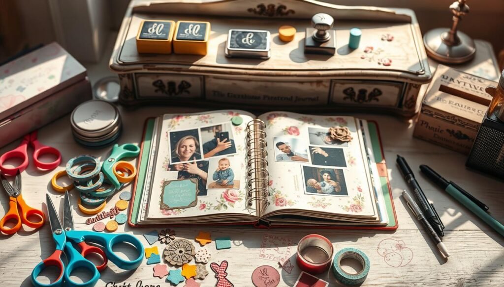 A well-lit tabletop scene showcasing an array of scrapbooking tools and materials. In the foreground, an assortment of colorful scissors, washi tapes, die-cut shapes, and journaling pens are neatly arranged. The middle ground features an open scrapbook with floral patterned paper, embellishments, and a few carefully placed photos. In the background, a vintage-inspired desk with distressed wood texture holds additional supplies like stamps, ink pads, and a calligraphy pen. Soft, directional lighting casts gentle shadows, creating a warm, inviting atmosphere perfect for crafting an inspiring photo journal scrapbook.