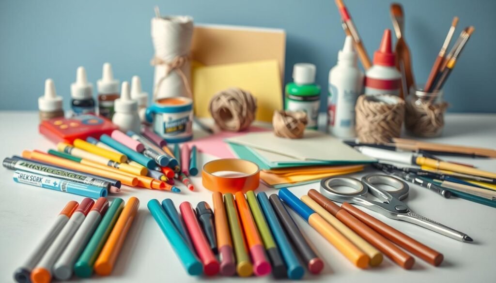 A well-lit tabletop scene showcasing an assortment of essential craft supplies. In the foreground, an array of vibrant markers, colored pencils, and a pair of sharp scissors. In the middle ground, a variety of adhesives, including glue sticks and double-sided tape, as well as a selection of colorful construction paper and origami sheets. In the background, a spool of twine, a set of acrylic paints, and a few paintbrushes of varying sizes, all arranged in a visually appealing and organized manner. The lighting is soft and diffused, creating a warm, inviting atmosphere that emphasizes the versatility and accessibility of these essential crafting tools.