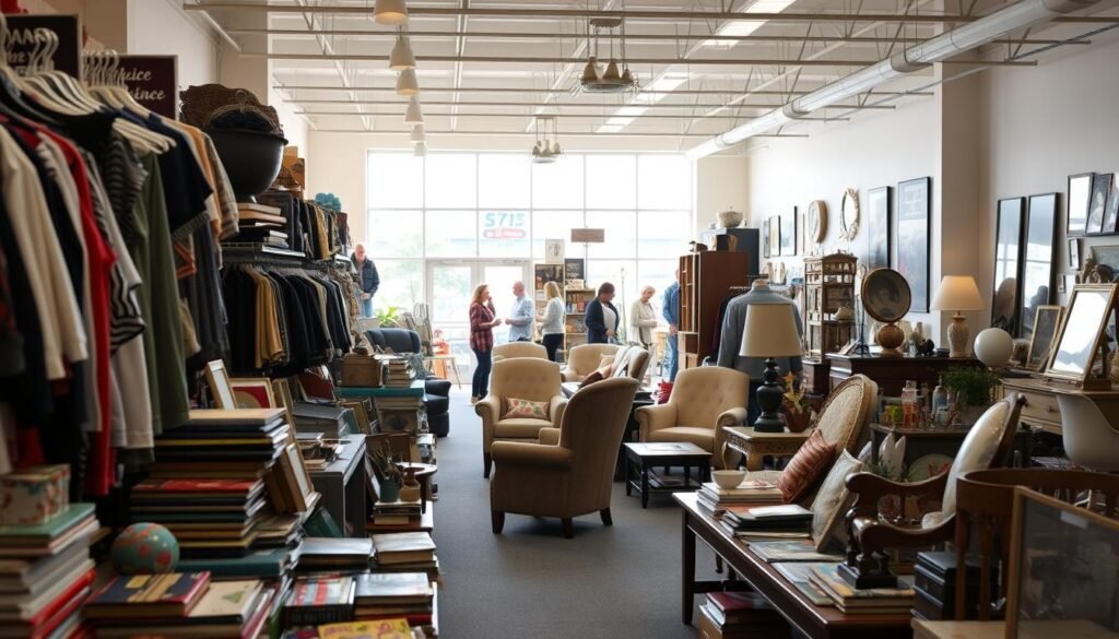 A well-lit thrift store interior, with sunlight streaming through large windows. In the foreground, an assortment of donated items - clothing, books, household goods, and toys - arranged neatly on tables and shelves. The middle ground showcases an eclectic mix of furniture, from vintage armchairs to mismatched side tables. In the background, customers can be seen browsing the aisles, searching for hidden treasures. The atmosphere is cozy and inviting, with a sense of anticipation as people discover unique, pre-loved items. The lighting is soft and warm, creating a welcoming ambiance that encourages exploration and discovery.