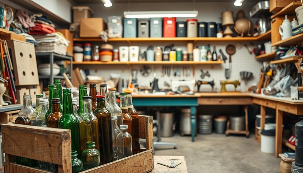 A well-lit workshop filled with various upcycled household items. In the foreground, a repurposed wooden crate holds an assortment of colorful glass bottles, jars, and tin cans. In the middle ground, a workbench showcases a collection of tools and materials, including fabric scraps, hardware, and recycled hardware. The background features shelves lined with neatly organized storage containers, vintage sewing machines, and other inspiring upcycling resources. The scene conveys a sense of creativity, resourcefulness, and a DIY spirit, perfectly capturing the essence of transforming everyday items into unique and functional crafts.
