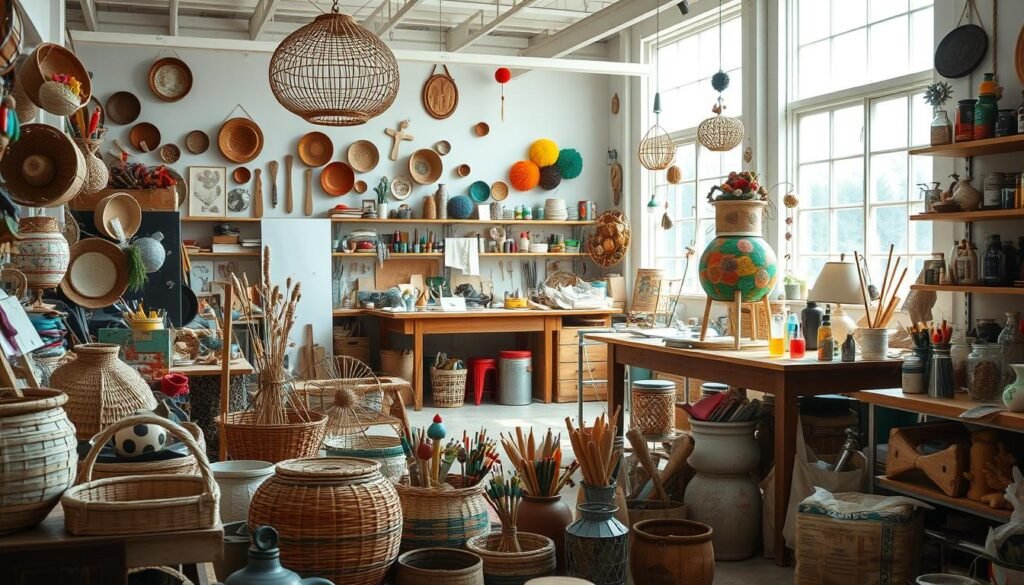 A well-lit workshop interior, filled with an assortment of upcycled and repurposed craft projects. The foreground showcases a variety of colorful handmade items, such as woven baskets, decorative wall hangings, and whimsical sculptures crafted from recycled materials like old newspapers, discarded fabrics, and recycled hardware. In the middle ground, workbenches and shelves display an array of tools, paints, and other crafting supplies, creating a sense of creative energy and inspiration. The background features large windows allowing natural light to flood the space, casting a warm and inviting glow over the entire scene. The overall atmosphere conveys a sense of sustainable creativity and a celebration of the art of reusing and transforming everyday objects.
