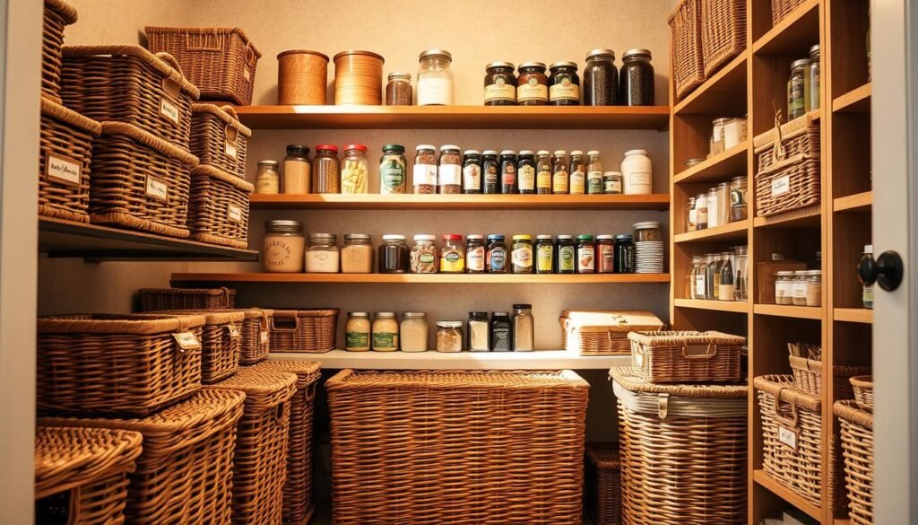 A well-organized and aesthetically pleasing pantry, bathed in warm, natural lighting. The foreground features neatly arranged wicker baskets of various sizes, each labeled with their contents in a clean, minimalist font. In the middle ground, wooden shelves display jars, cans, and spice bottles, all carefully positioned for maximum visual appeal. The background showcases a neutral-toned, textured wall, complementing the rustic, farmhouse-inspired design. The overall atmosphere exudes a sense of order, tranquility, and thoughtful curation, perfectly capturing the "Pantry Ideas: Simple and Stylish Solutions" theme.