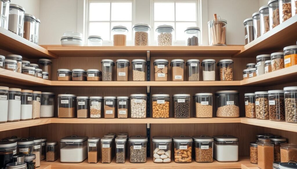 A well-organized and aesthetically pleasing pantry with an array of clear, labeled storage containers neatly arranged on wooden shelves. The containers are a mix of various shapes and sizes, strategically placed to maximize space efficiency. Soft, natural lighting from windows above casts a warm glow, highlighting the clean, minimalist design. The overall atmosphere evokes a sense of order, calm, and culinary inspiration, perfectly complementing the "dream pantry" concept.
