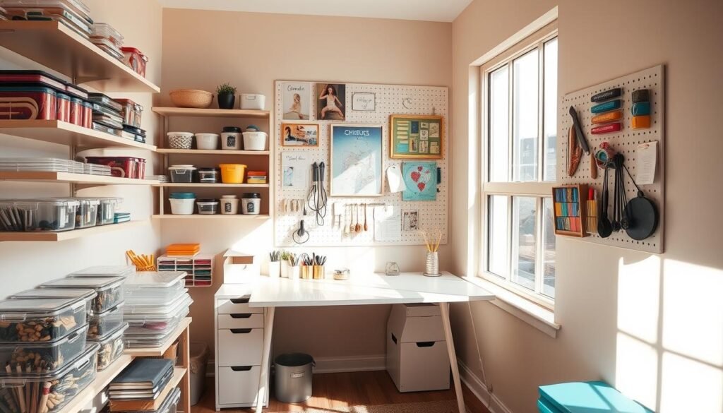 A well-organized and functional small craft space, bathed in warm, natural light from a large window. The foreground showcases neatly arranged storage solutions - floating shelves, magnetic strips, and labeled clear containers holding an array of craft supplies and tools. In the middle ground, a compact and multifunctional workbench with sleek, minimalist design serves as the creative hub. The background reveals a visually appealing pegboard system, strategically positioned to maximize vertical space and display inspiring artwork, inspirational notes, and organizational accessories. The overall scene exudes a sense of order, efficiency, and creativity-inducing ambiance.