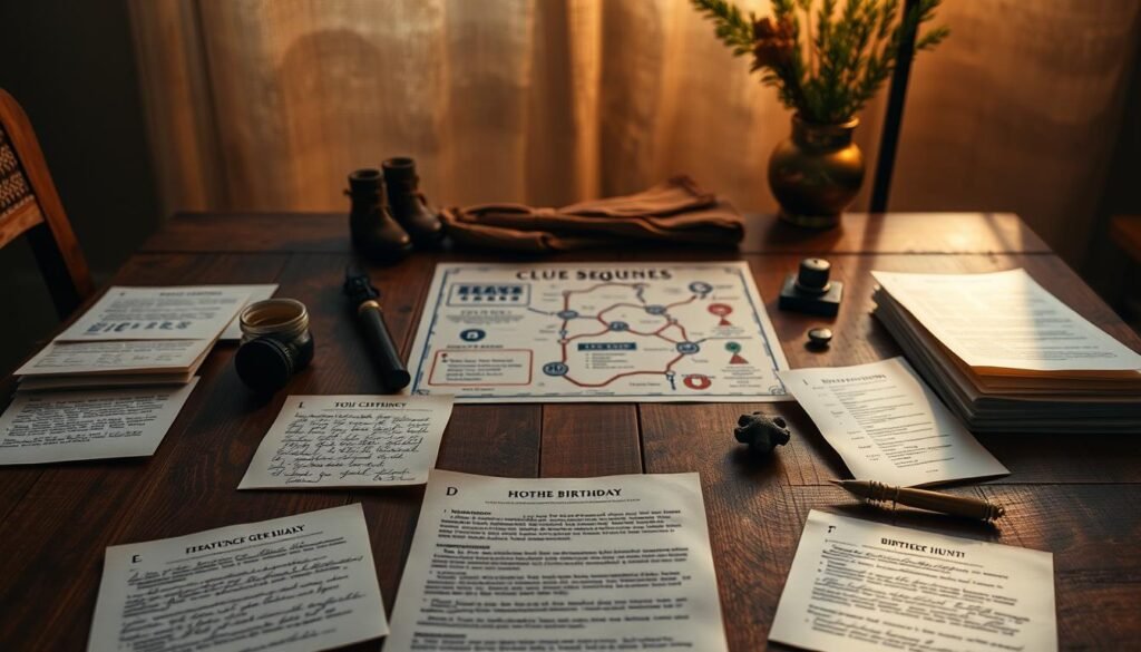 A well-organized clue sequence setup on a wooden table, bathed in warm, soft lighting. In the foreground, a collection of neatly arranged clues - handwritten notes, subtle hints, and intriguing objects. The middle ground features a map or diagram, guiding the viewer through the scavenger hunt. In the background, a backdrop of subtle textures and natural elements, creating a cozy, inviting atmosphere. The overall composition conveys a sense of mystery, anticipation, and the excitement of an unforgettable birthday celebration.