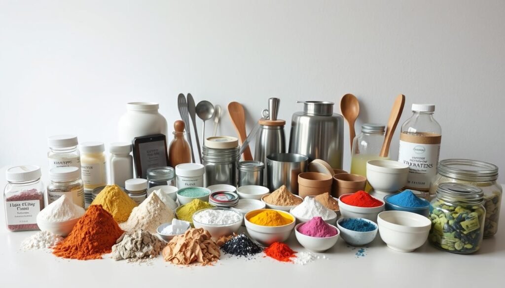 A well-organized collection of essential glaze-making supplies sits atop a clean, white tabletop, evenly lit from above by soft, natural lighting. In the foreground, an assortment of colorful powdered pigments, glazing mediums, and other additives are neatly arranged, their textures and hues clearly visible. In the middle ground, various containers, tools, and utensils used for mixing and applying the glaze stand ready, their metallic and ceramic surfaces gleaming. The background features a minimalist, uncluttered backdrop, allowing the materials to take center stage and showcase their importance for crafting unique, homemade glazes for air-dry clay projects.