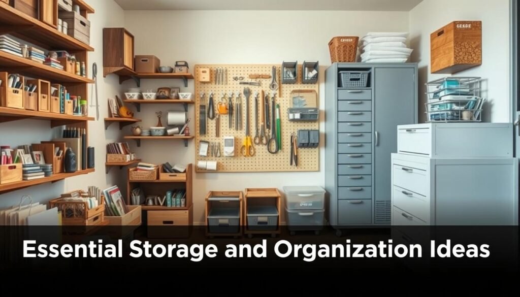A well-organized craft room with an array of creative storage solutions. In the foreground, wooden crates and floating shelves display an assortment of craft supplies, arranged neatly. The middle ground features a pegboard system with hooks, baskets, and organizers, allowing easy access to tools and materials. In the background, a large rolling cart with multiple drawers provides ample storage space, its sleek design complementing the room's modern, minimalist aesthetic. The lighting is soft and natural, casting a warm glow that enhances the overall ambiance. The scene conveys a sense of order, inspiration, and the efficient use of limited space, perfectly capturing the "Essential Storage and Organization Ideas" theme.