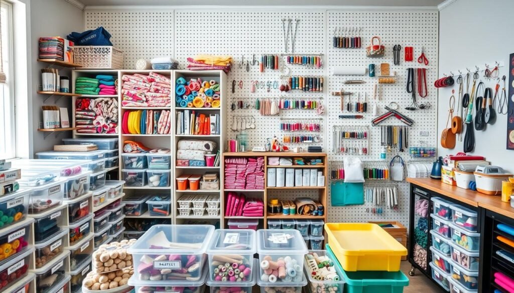 A well-organized craft room with smart storage solutions. In the foreground, various craft supplies neatly arranged in transparent containers and labeled bins. In the middle ground, a modular shelving system displaying colorful fabrics, spools of thread, and other crafting essentials. The background features a large pegboard with a variety of hooks and organizers, creating a visually appealing and functional storage solution. The lighting is soft and diffused, highlighting the orderly and inspiring workspace. The overall atmosphere conveys a sense of creativity, efficiency, and a passion for crafting.