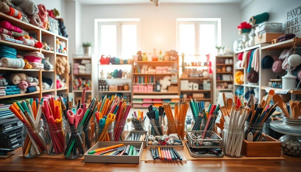 A well-organized craft space with a neat and visually appealing arrangement of art supplies. In the foreground, a wooden table or desk holds an array of colorful markers, pens, brushes, and scissors neatly arranged in transparent jars and trays. In the middle ground, shelves or storage units display a variety of craft materials such as yarn, ribbons, fabrics, and embellishments, all sorted and labeled. The background features a bright, airy room with natural lighting streaming in through large windows, creating a warm and inspiring atmosphere for creative projects. A well-organized craft space with a neat and visually appealing arrangement of art supplies. In the foreground, a wooden table or desk holds an array of colorful markers, pens, brushes, and scissors neatly arranged in transparent jars and trays. In the middle ground, shelves or storage units display a variety of craft materials such as yarn, ribbons, fabrics, and embellishments, all sorted and labeled. The background features a bright, airy room with natural lighting streaming in through large windows, creating a warm and inspiring atmosphere for creative projects.