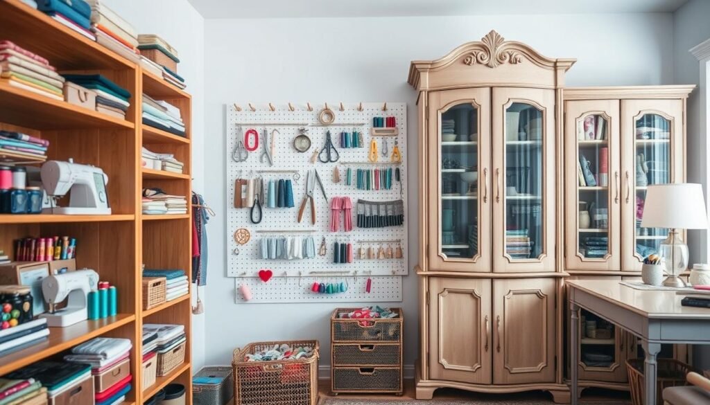 A well-organized craft storage space with a variety of stylish and functional solutions. In the foreground, a set of wooden shelves holds neatly arranged sewing supplies, fabrics, and spools of thread. In the middle ground, a pegboard with customizable hooks displays an array of tools and accessories. The background features a large, elegant armoire with glass doors, showcasing a curated collection of craft items. Soft, diffused lighting creates a warm, inviting atmosphere, highlighting the textures and colors of the room. The overall scene conveys a sense of order, creativity, and inspiration, perfect for a dedicated craft space.