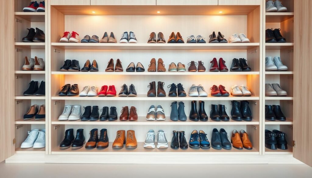 A well-organized, minimalist shoe storage cabinet with neatly arranged shoes in various styles and colors. The cabinet is made of light-colored wood, with clean lines and a sleek, modern design. The shelves are arranged in a visually appealing way, with shoes displayed at different heights to create a harmonious and functional layout. The lighting is soft and warm, casting a gentle glow on the shoes and highlighting their details. The background is a simple, uncluttered white or light gray, allowing the shoes and the cabinet to be the central focus of the image. The overall atmosphere conveys a sense of order, tranquility, and efficiency, showcasing the benefits of organized shoe storage in the home.