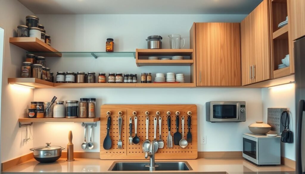 A well-organized, modern kitchen with a variety of customizable storage solutions. A set of wooden shelves and cabinets line the walls, offering ample space for jars, spices, and small appliances. In the foreground, a wooden pegboard with hooks displays neatly arranged cooking utensils. Soft, warm lighting illuminates the scene, creating a cozy, inviting atmosphere. The countertops are clear, showcasing the clean, minimalist design. The overall impression is one of efficiency, organization, and a touch of rustic charm.