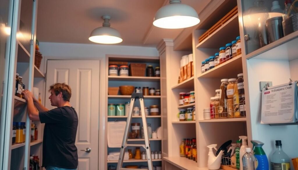 A well-organized, neatly-lit kitchen pantry with a meticulous maintenance routine in progress. The foreground showcases an individual carefully restocking shelves with labeled, color-coded containers. In the middle ground, a step-ladder allows access to higher shelves, while in the background, a checklist and cleaning supplies suggest a thorough approach to long-term organization. Warm, diffused lighting from overhead fixtures casts a welcoming glow, emphasizing the thoughtful, methodical nature of this pantry upkeep. The scene conveys a sense of domestic tranquility and efficiency, reflecting the desire for a harmonious, functional kitchen space.